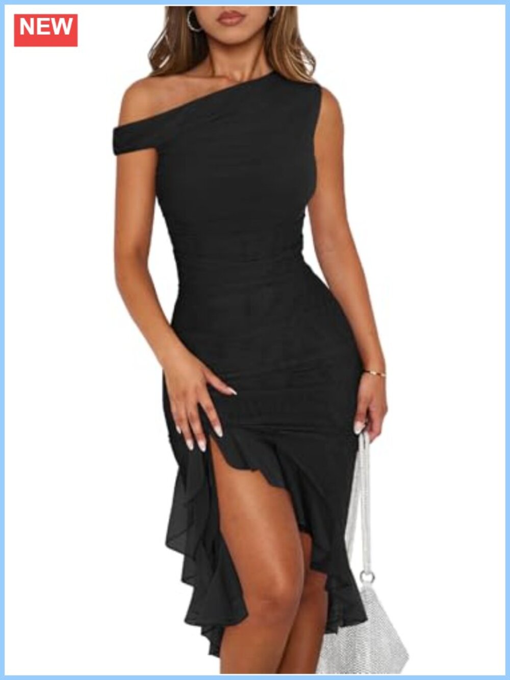 One Shoulder Bodycon Midi Dress Sleeveless Mesh Ruffle Slit Wedding Guest